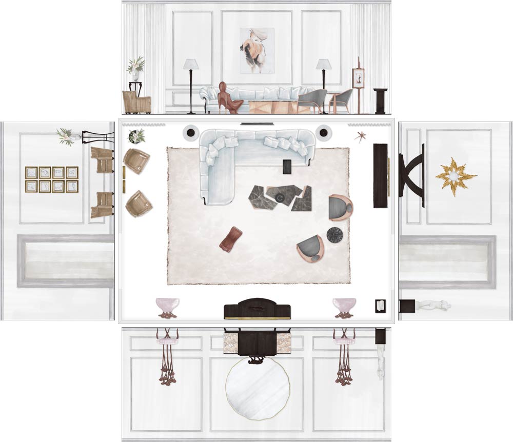 Create scaled floorplans with elevated walls
following in the footsteps of the
mid-century masters of the interior design industry.